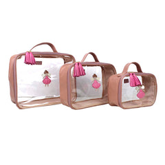 Kit Necessaire Crystal com 3 Fadinha Algodão Doce Liso com Rosa Orquídea Pronta Entrega