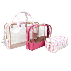 Kit Necessaire Vicky Estampa Listra de Laços Rosa com Rosa Orquídea Pronta Entrega