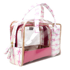 Kit Necessaire Vicky Estampa Listra de Laços Rosa com Rosa Orquídea Pronta Entrega