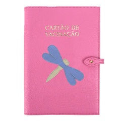 Porta Cartão De Vacina Libélula Rosa Orquídea com Sky e Off White Liso Pronta Entrega