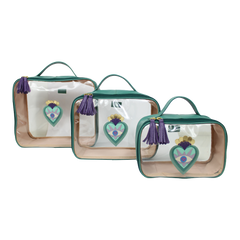 Kit Necessaire Crystal com 3 Sagrado Coração em Couro e Vinil Personalizada