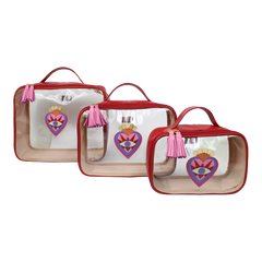 Kit Necessaire Crystal com 3 Sagrado Coração em Couro e Vinil Personalizada