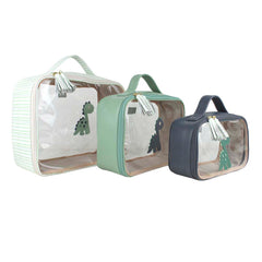 Kit Necessaire Crystal com 3 Little Dino Estampa Listrado Pontilhado Verde em Couro e Vinil