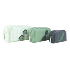 Kit Necessaire Little Dino Estampa Listrado Pontilhado Verde em Couro