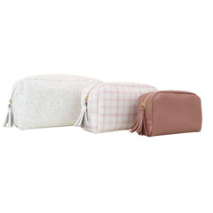 Kit Necessaire Collab Mariana Jabur Estampas Floral, Xadrez Rosa e Algodão Doce Liso Couro Personalizada