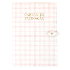 Porta Cartão de Vacina Collab Mariana Jabur Estampa Xadrez Rosa em Couro Personalizado