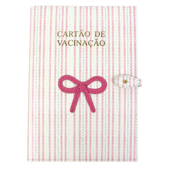 Porta Cartão de Vacina Laço Rococó Estampa Listrado Pontilhado Rosa em Couro Personalizado