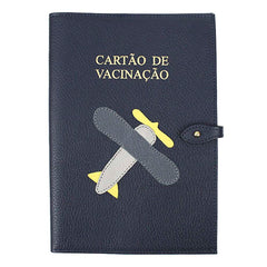 Porta Cartão de Vacina Little Plane Marinho liso com Chumbo, Cinza Claro Liso e Lima liso Pronta Entrega