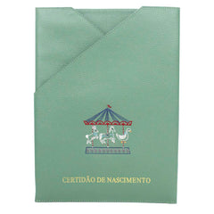 Porta Certidão de Nascimento Bordado Carrossel em Couro Personalizado