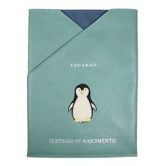 Porta Certidão de Nascimento Pinguim em Couro Personalizado