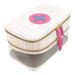 Necessaire Porta Remédio Jumbo Estampa Listrado Pontilhado Rosa em Couro e Vinil Personalizado