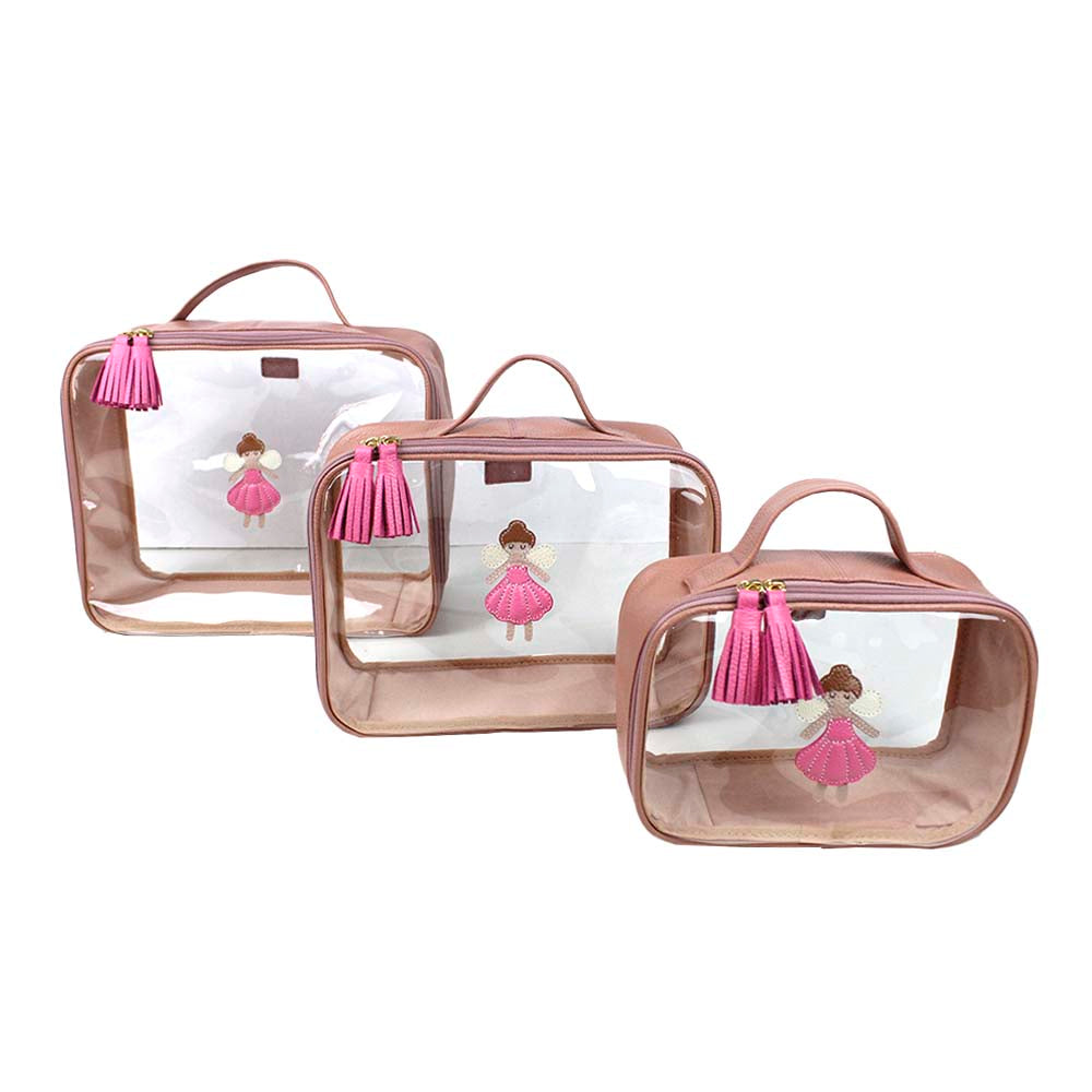 Kit Necessaire Crystal com 3 Fadinha Algodão Doce Liso com Rosa Orquídea Pronta Entrega