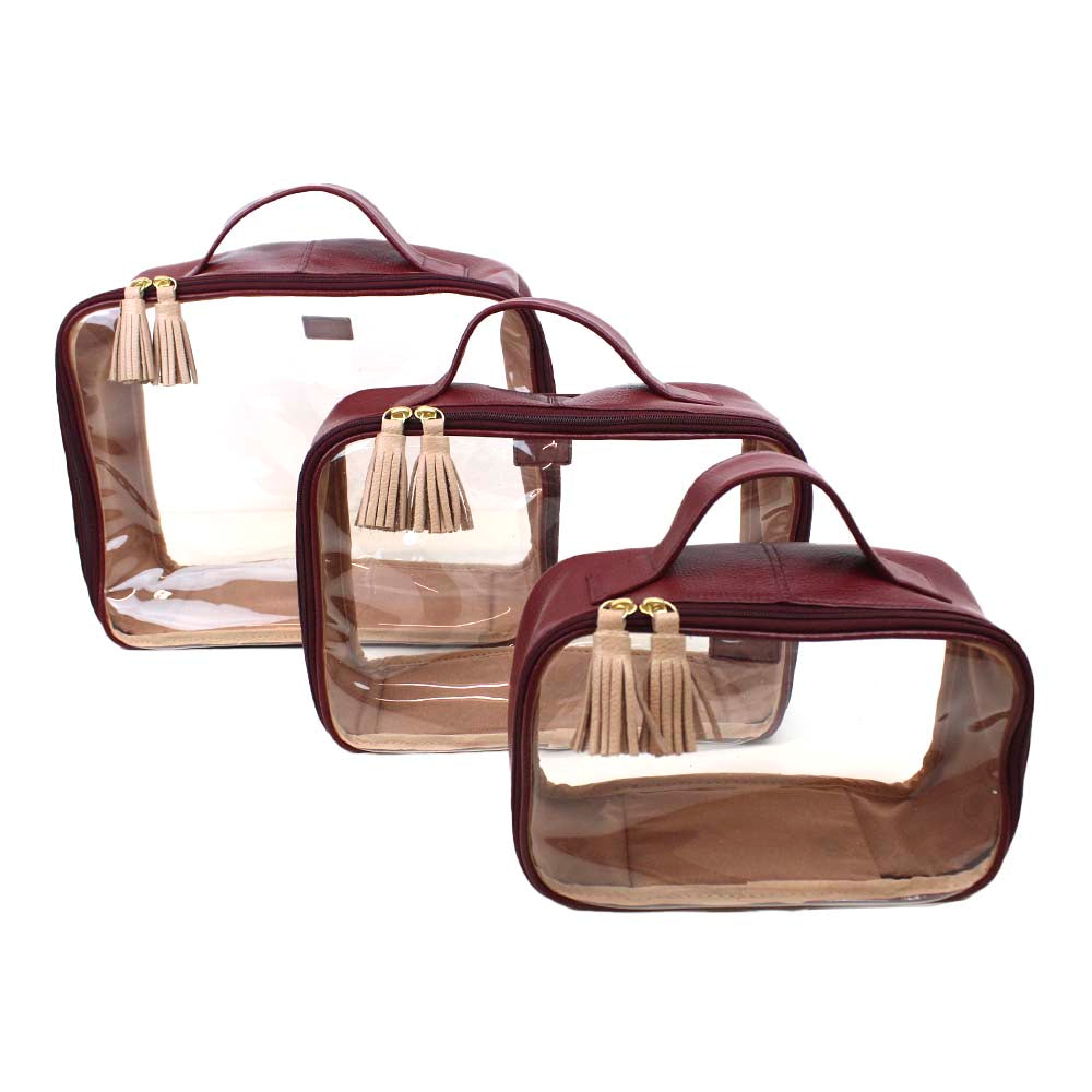 Kit Necessaire Crystal com 3 Burgundy Liso com Rose Liso Pronta Entrega