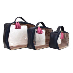 Kit Necessaire Crystal com 3 Marinho Liso com Rosa Orquídea Pronta Entrega