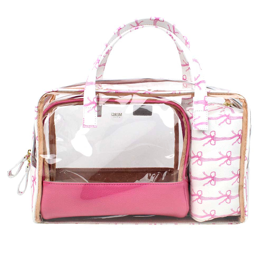 Kit Necessaire Vicky Estampa Listra de Laços Rosa com Rosa Orquídea Pronta Entrega