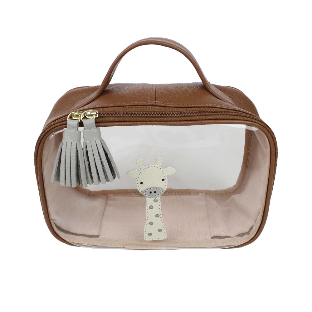 Necessaire Crystal P Girafinha Masculino Caramelo Liso com Cinza Claro Liso e Off White Liso Pronta Entrega