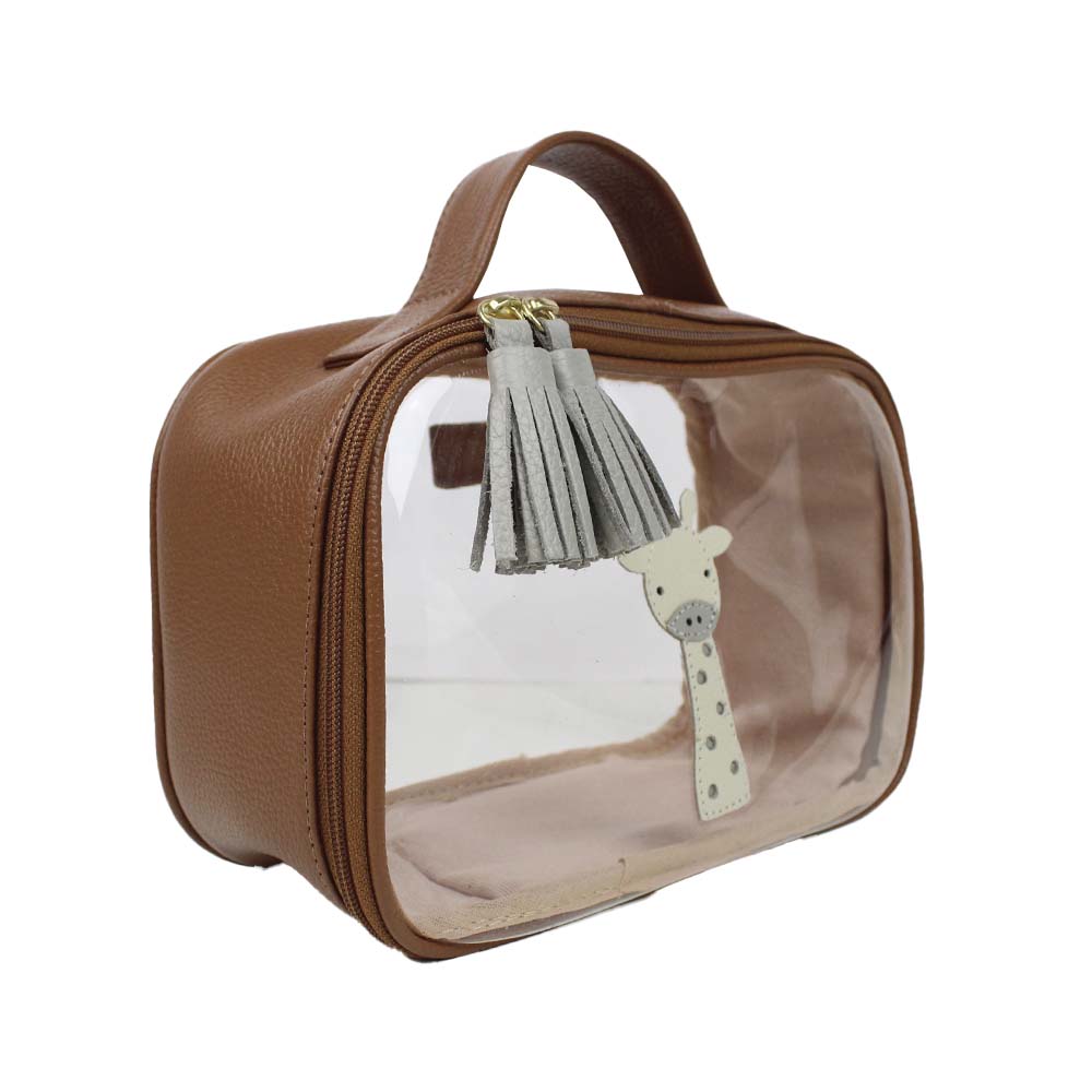 Necessaire Crystal P Girafinha Masculino Caramelo Liso com Cinza Claro Liso e Off White Liso Pronta Entrega
