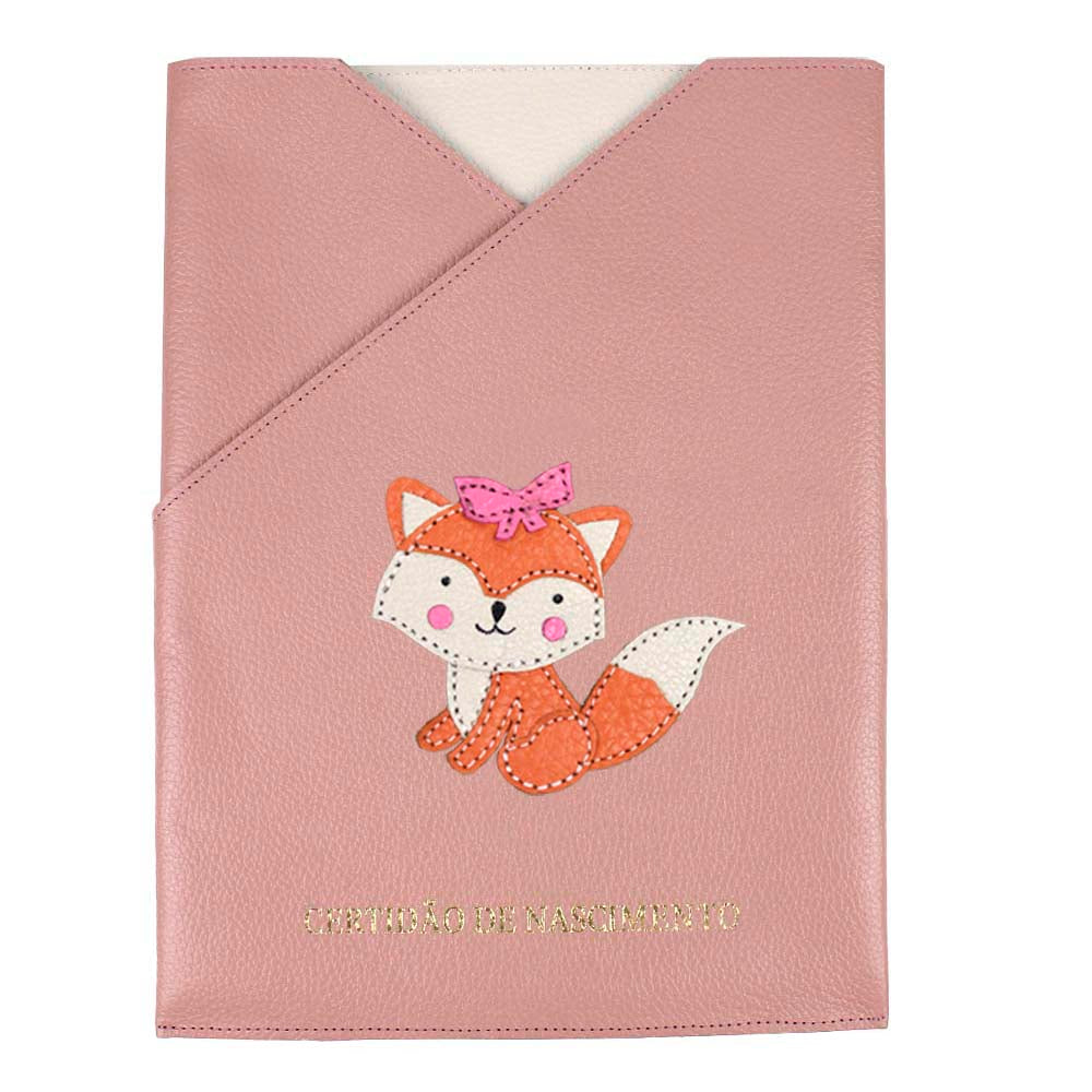 Porta Certidão de Nascimento Raposa Feminina em Couro Personalizado