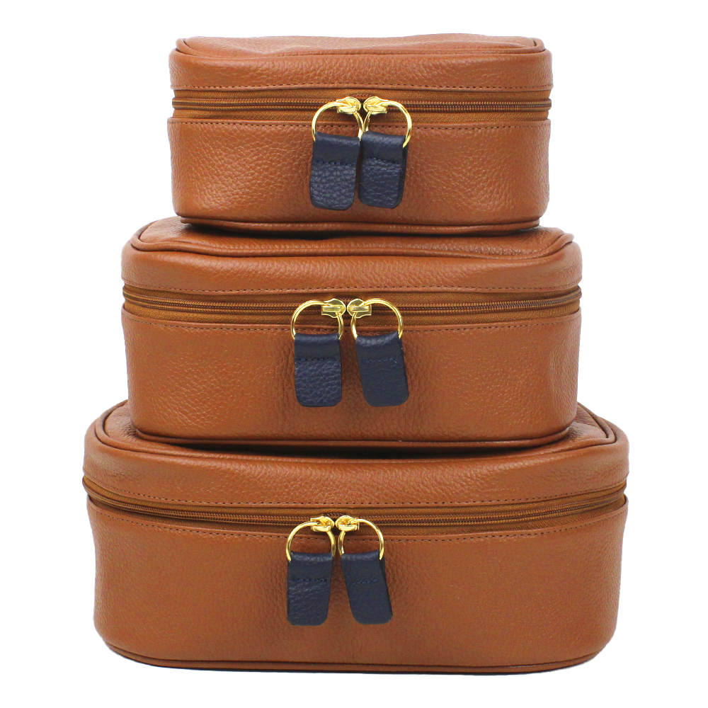 Kit Necessaire Aurora Caramelo Liso com Marinho Liso Pronta Entrega