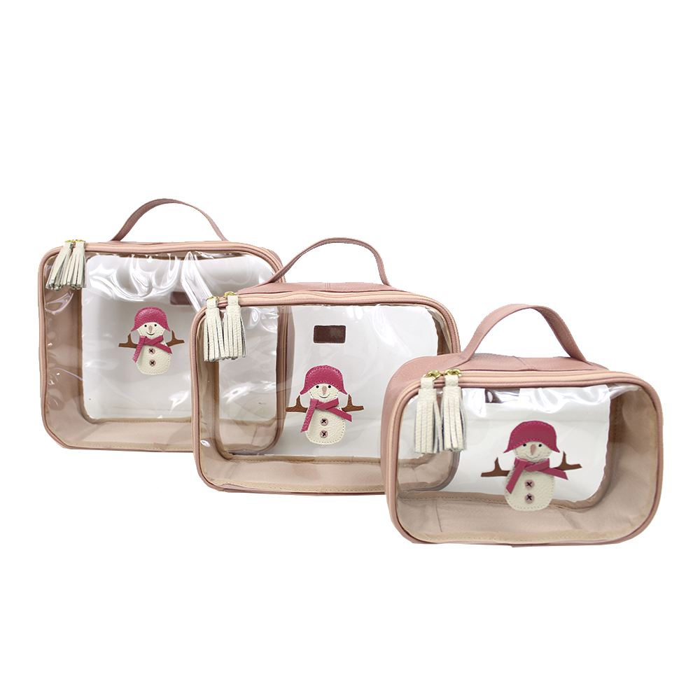 Kit Necessaire Crystal com 3 Boneco de Neve em Couro Personalizada