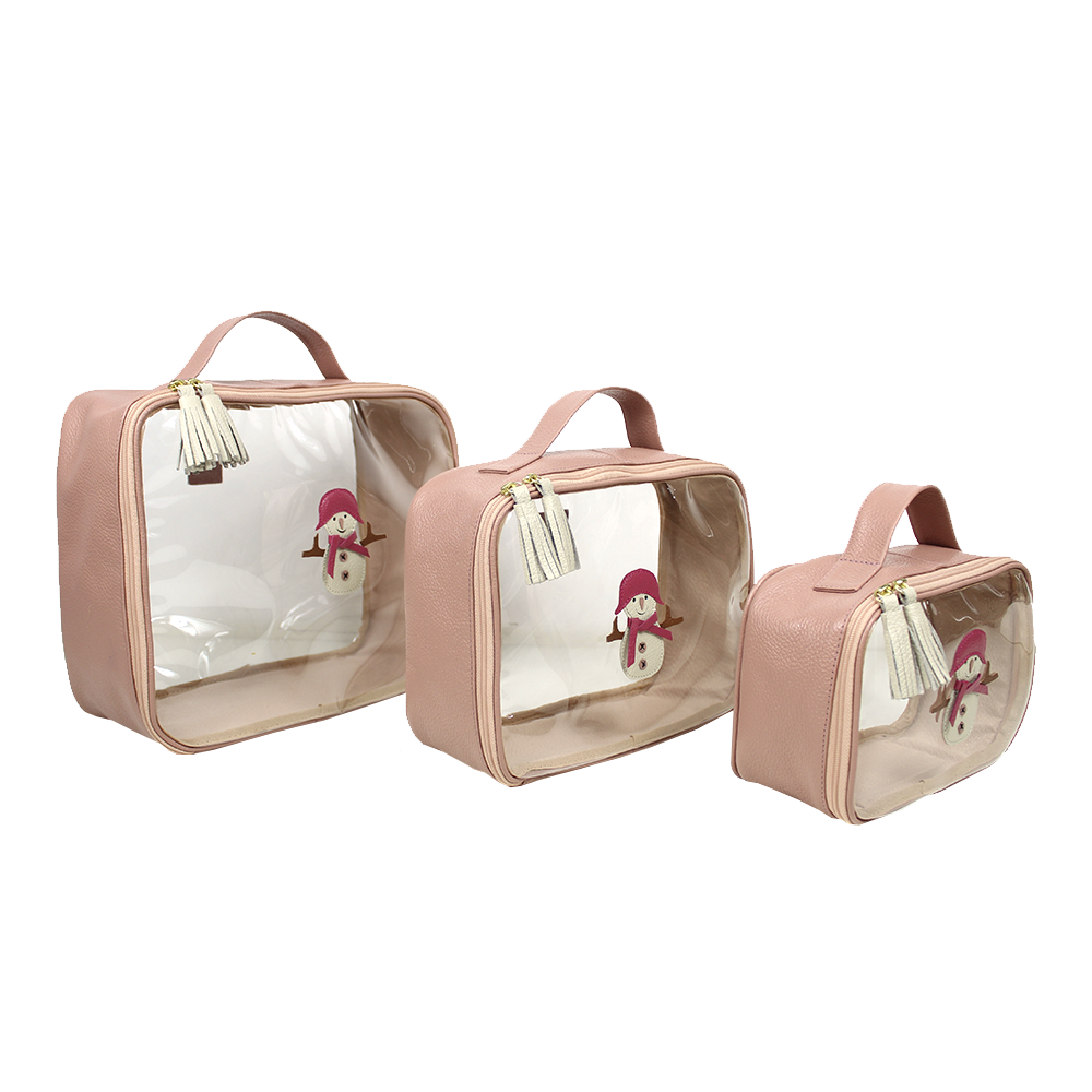 Kit Necessaire Crystal com 3 Boneco de Neve em Couro Personalizada