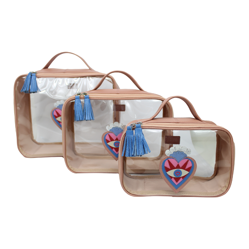 Kit Necessaire Crystal com 3 Sagrado Coração em Couro e Vinil Personalizada