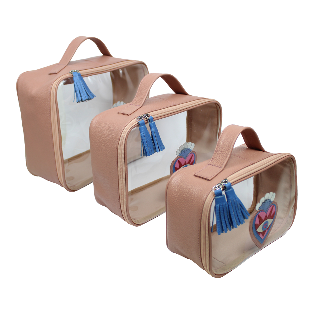 Kit Necessaire Crystal com 3 Sagrado Coração em Couro e Vinil Personalizada