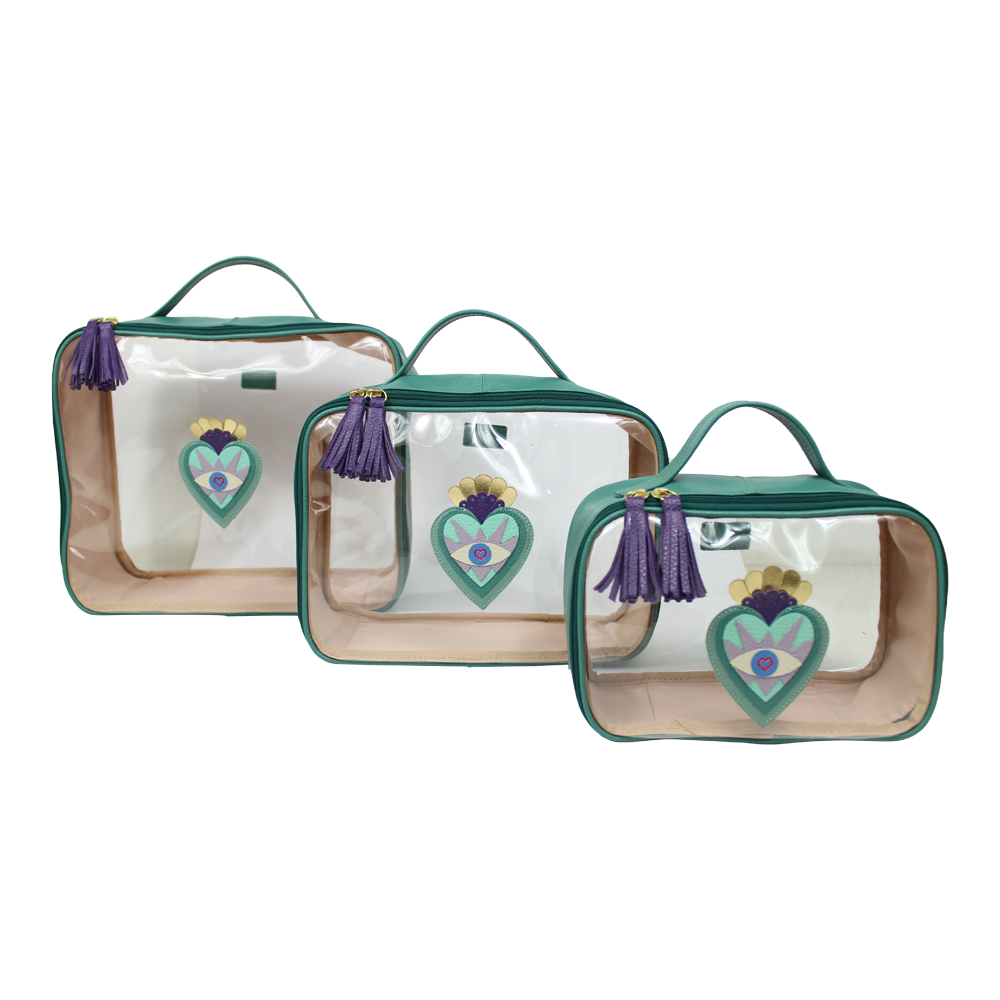 Kit Necessaire Crystal com 3 Sagrado Coração em Couro e Vinil Personalizada