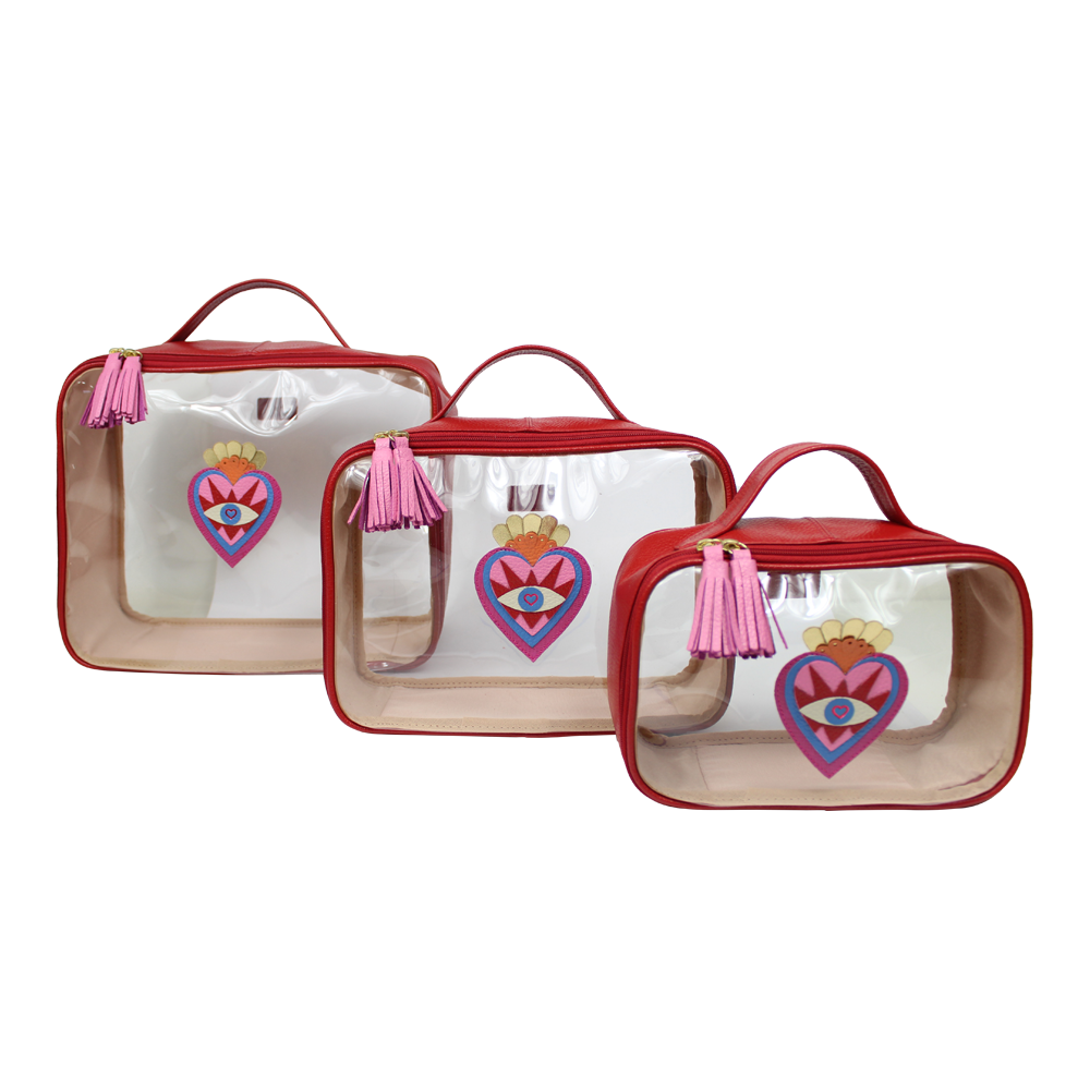 Kit Necessaire Crystal com 3 Sagrado Coração em Couro e Vinil Personalizada