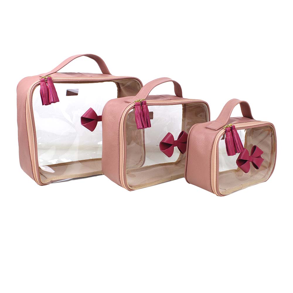 Kit Necessaire Crystal com 3 Laço em Couro Personalizada