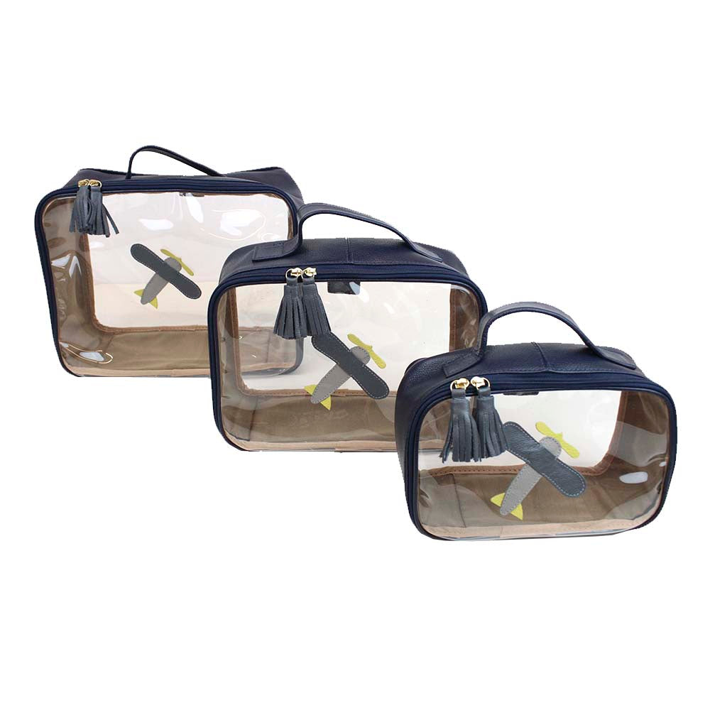 Kit Necessaire Crystal com 3 Little Plane Marinho Liso com Chumbo, Cinza Claro Liso e Lima Liso Pronta Entrega