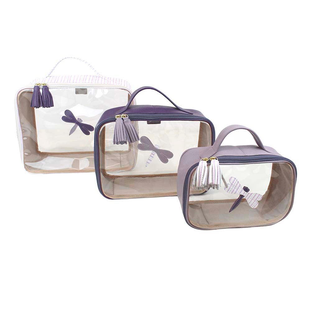 Kit Necessaire com 3 Libélula Estampa Listrado Pontilhado Lilás com Purple Liso e Lilás Liso Pronta Entrega