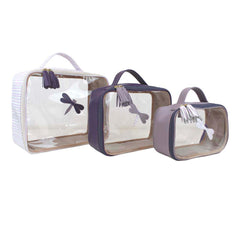 Kit Necessaire Crystal com 3 Libélula Estampa Listrado Pontilhado Lilás em Couro
