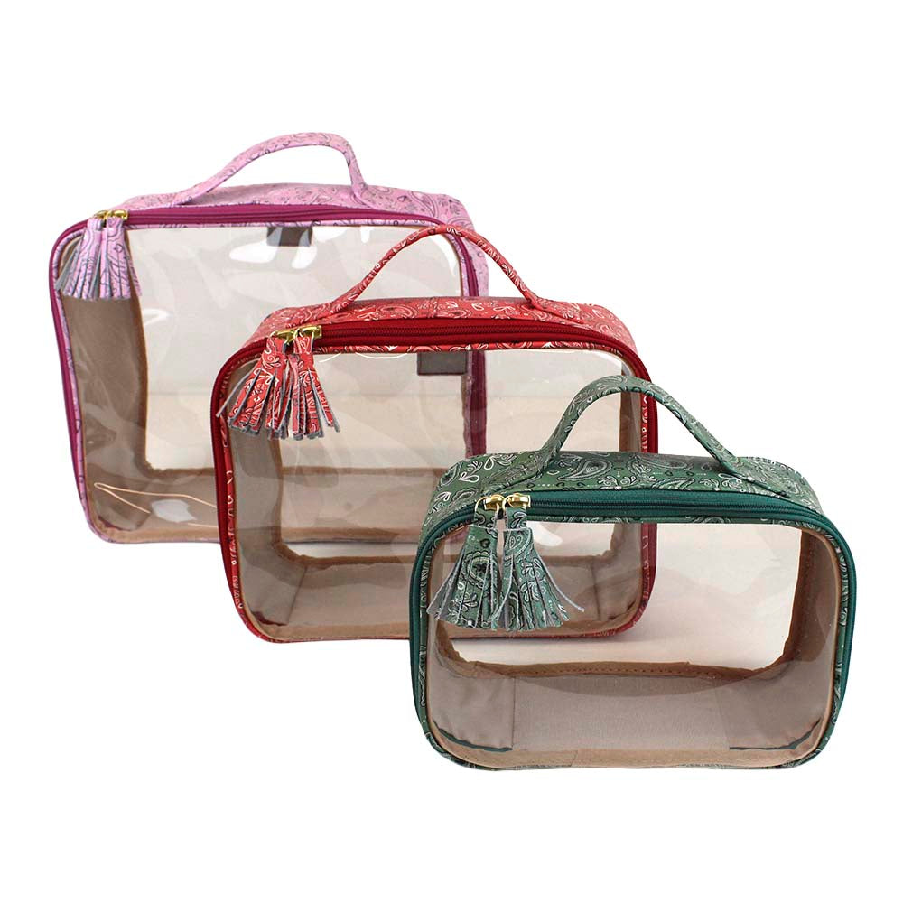 Kit Necessaire Crystal com 3 Mix de estampa Paisley Rosa, Vermelho e Verde Pronta Entrega