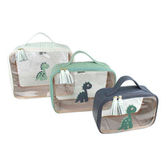 Kit Necessaire com 3 Little Dino Estampa Listrado Pontilhado Verde com Menta Liso, Oceano e Esmeralda Pronta Entrega