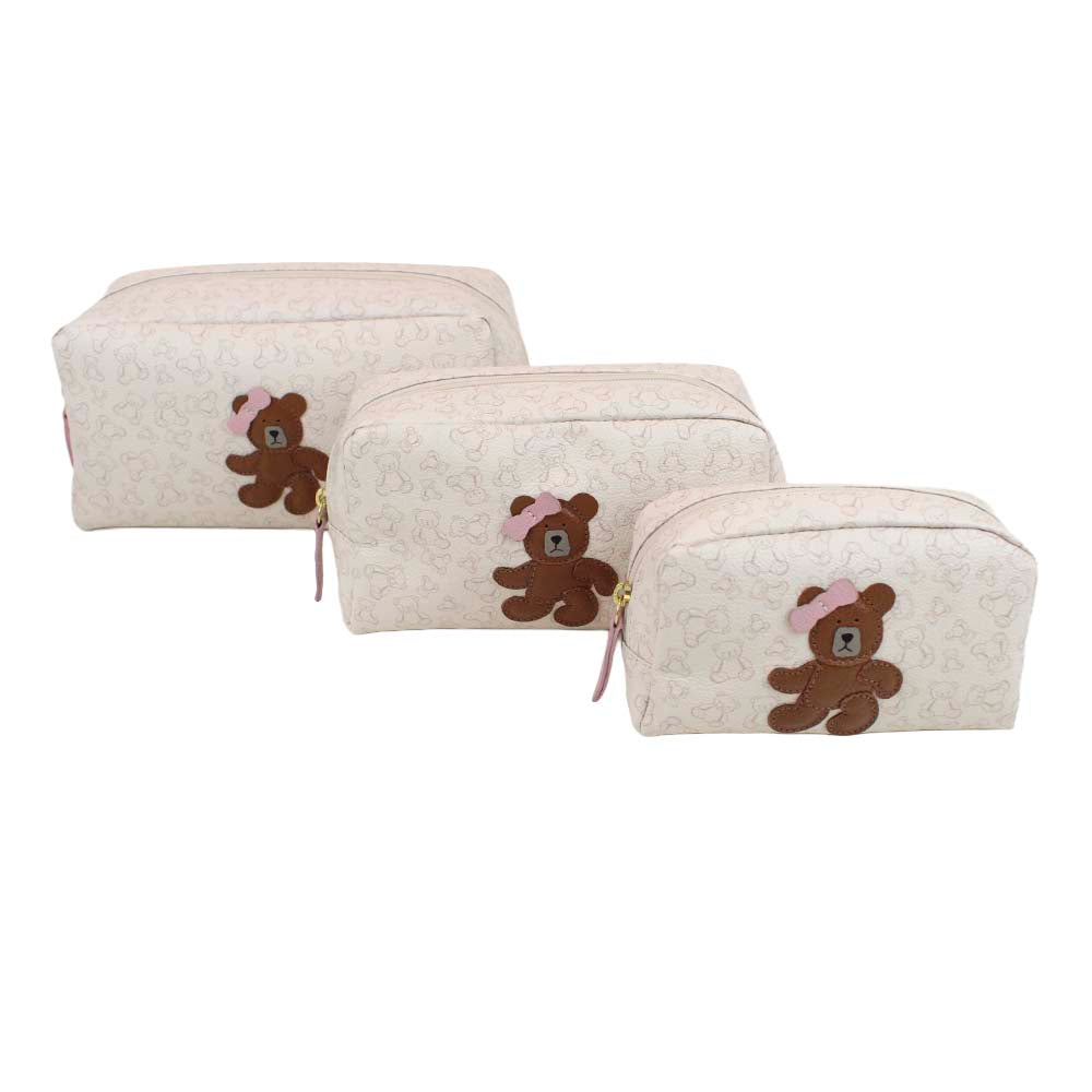 Kit Necessaire Urso Teddy Estampa Ursos com Caramelo Liso e Rosa Chá  Pronta Entrega