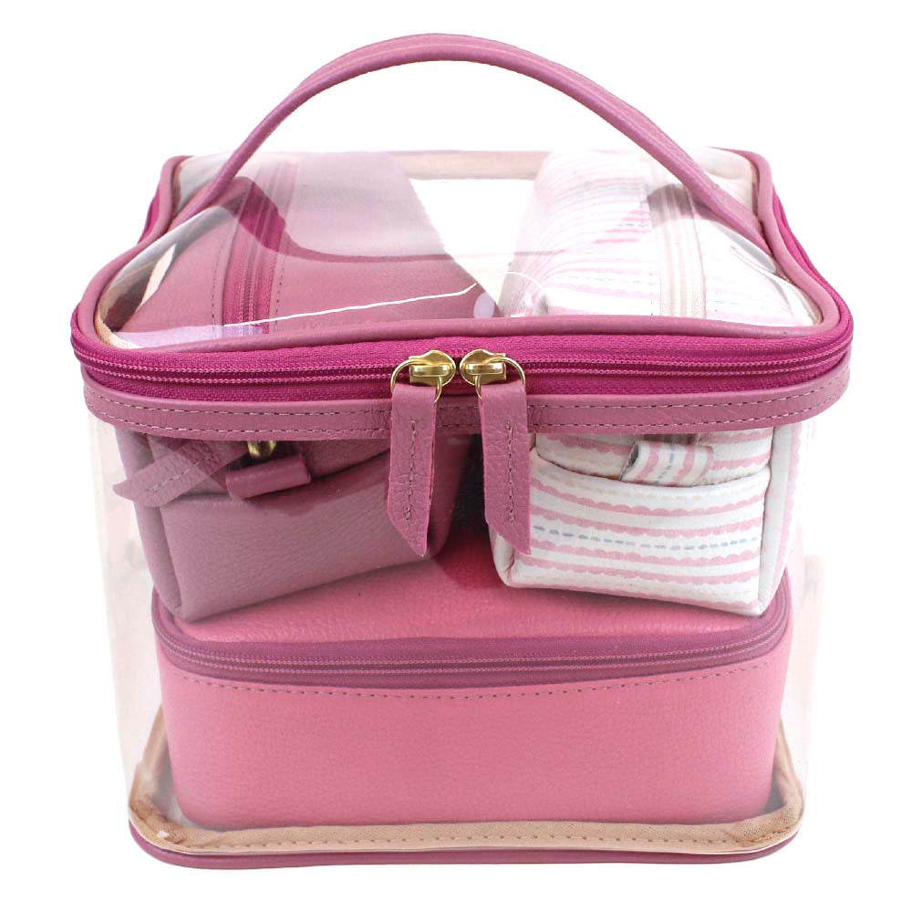 Kit Necessaire Jhude Rosa Blush com Rosa Orqídea e Estampa Listrado Pontilhado Rosa Pronta Entrega