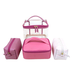 Kit Necessaire Jhude Rosa Blush com Rosa Orqídea e Estampa Listrado Pontilhado Rosa Pronta Entrega