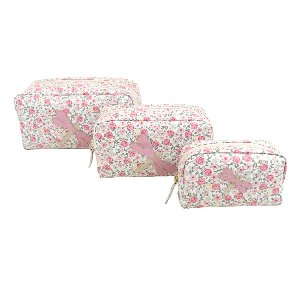 Kit Necessaire Libélula Estampa Bosque com Rosa Chá e Off White Liso Pronta Entrega
