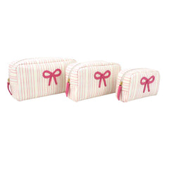 Kit Necessaire Laço Rococó Estampa Listrado Pontilhado Rosa em Couro Personalizado