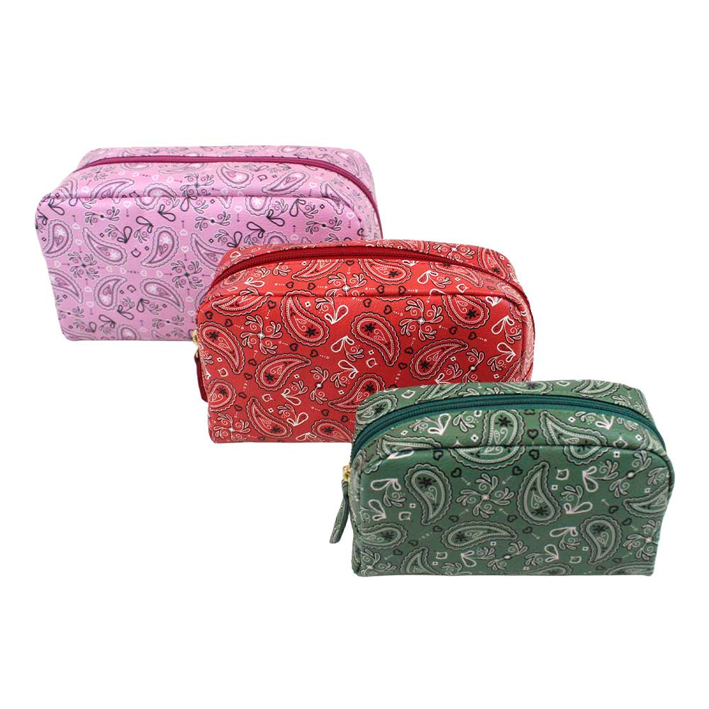 Kit Necessaire Julie com 3 Estampa Paisley Rosa, Vermelho e Verde Pronta Entrega