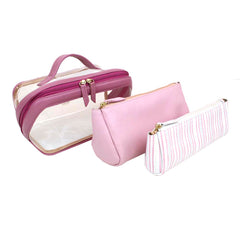 Kit Necessaire Norah Rosa Blush com Rosa Chá e Estampa Listrado Pontilhado Rosa Pronta Entrega