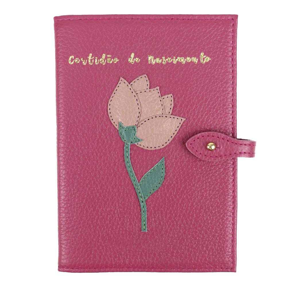 Porta Mini Certidão de Nascimento Tulipa em Couro Personalizado