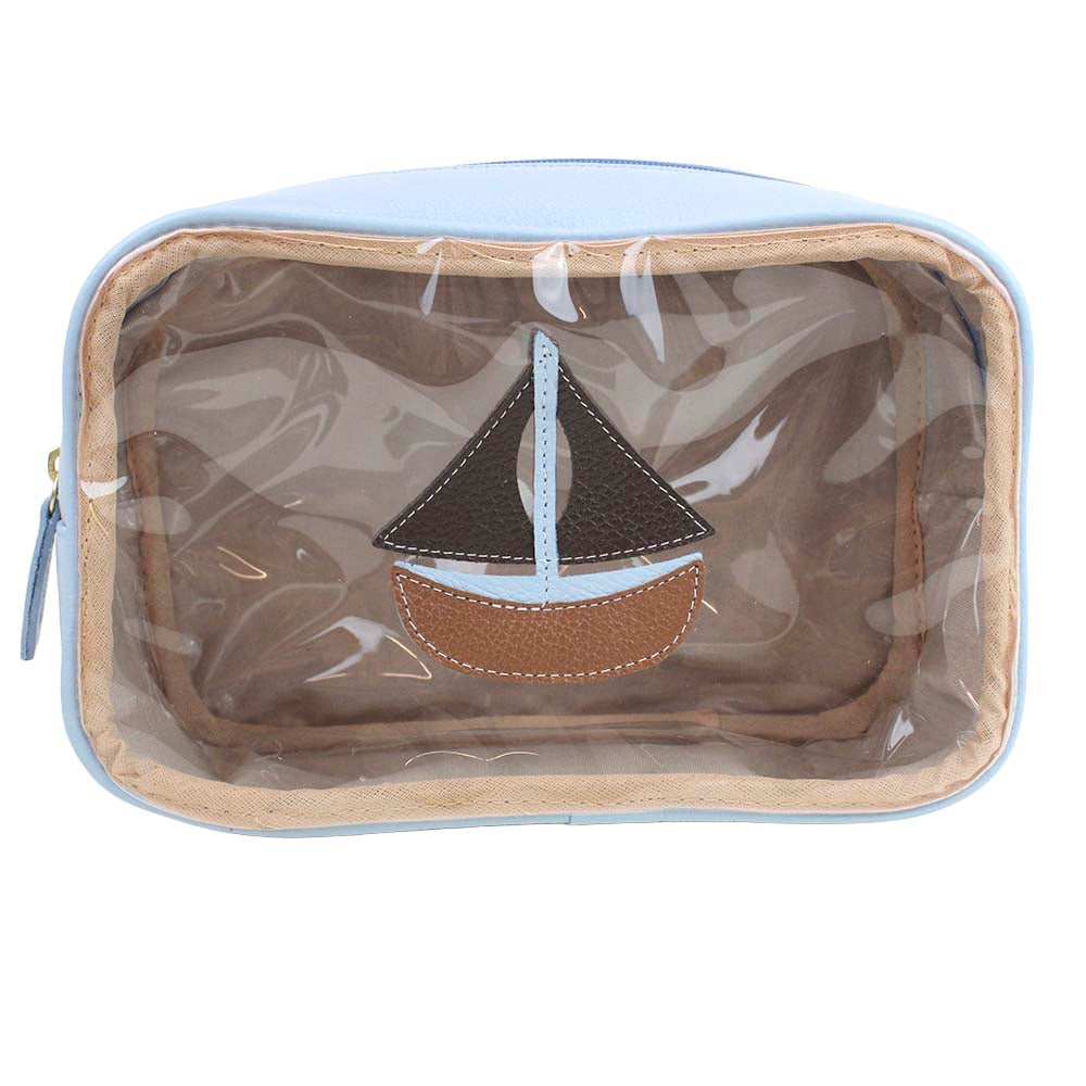 Necessaire Anne Barco Azul Bebê com Café e Caramelo Liso Pronta Entrega
