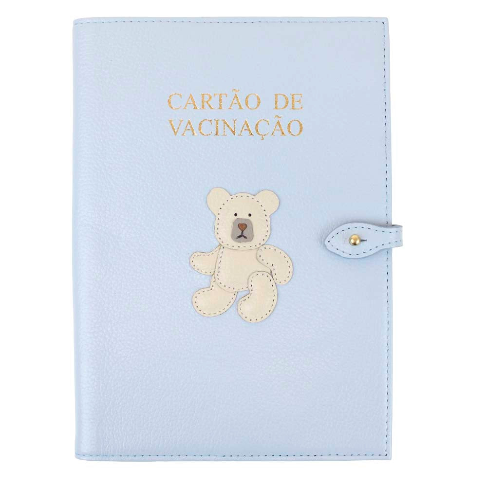 Porta Cartão De Vacina Urso Teddy Azul Bebê Com Off White Liso Pronta Entrega