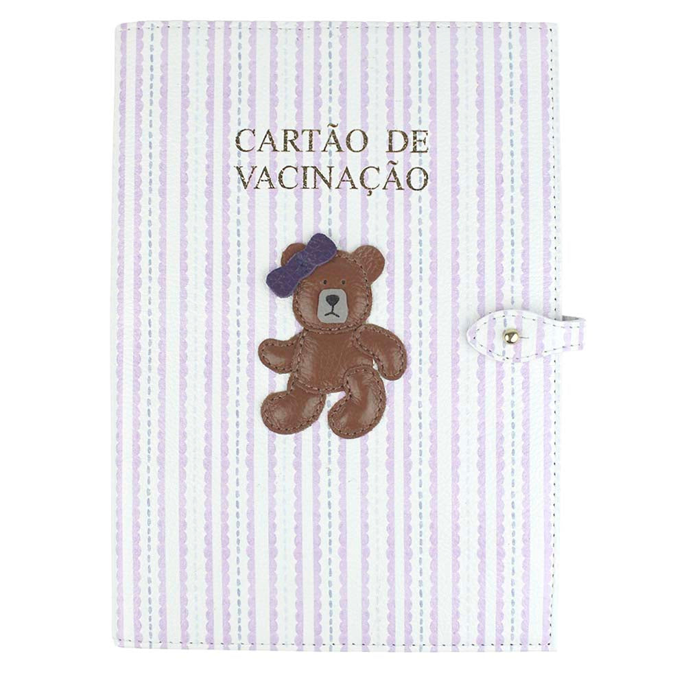 Porta Cartão de Vacina Ursa Teddy Estampa Estampa Listrado Pontilhado Lilás com Caramelo Liso e Purple Pronta Entrega