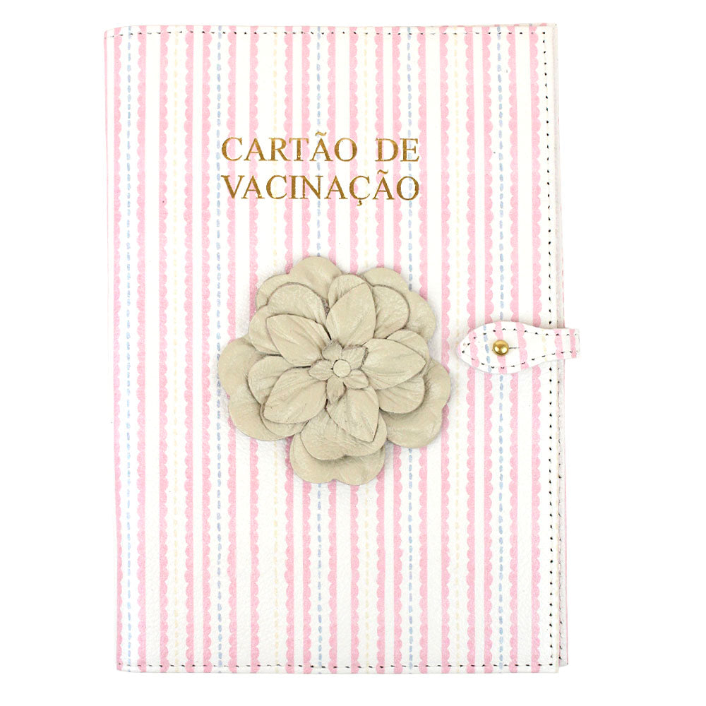 Porta Cartão de Vacina Camélia Estampa Listrado Pontilhado Rosa em Couro Personalizado