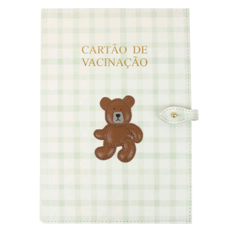 Porta Cartão de Vacina Collab Mariana Jabur Urso Teddy Estampa Xadrez Verde em Couro Personalizado