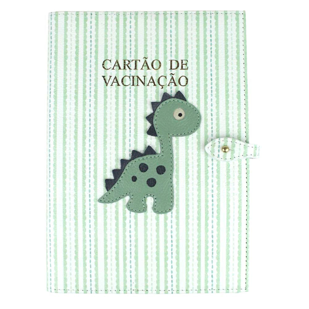 Porta Cartão de Vacina Little Dino Estampa Listrado Pontilhado Verde com Menta Liso e Oceano Pronta Entrega
