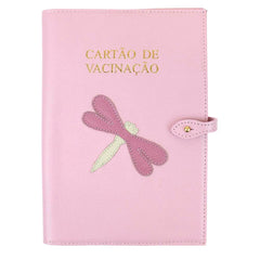 Porta Cartão De Vacina Libélula Rosa Chá com Rosa Blush e Off White Liso  Pronta Entrega